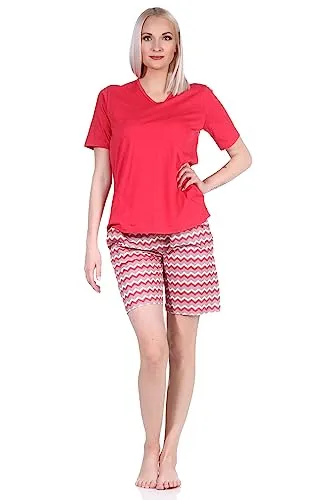 Normann Damen Shorty Pyjama kurz mit gemusterten Shorts in strahlenden Farben, Farbe:rot, Größe:44-46