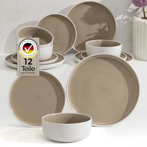 Hausfelder Steingut Geschirrset 12teilig 4 Pers. Steingut Geschirr Set - Schüsseln und Teller Set - Tafelservice 4 Personen Geschirrsets (Shadow Stone, 12-teiliges Set)