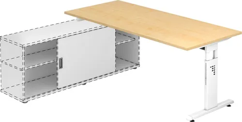 Hammerbacher-Anbauschreibtisch T-Fuß 180x80cm - Kinderschreibtisch OSE19 aus Ahorn mit T-Fuß-Gestell in Weiß, höhenverstellbar und ideal für ergonomisches Arbeiten. Inklusive Kabelmanagement für Ordnung im Kinderzimmer.