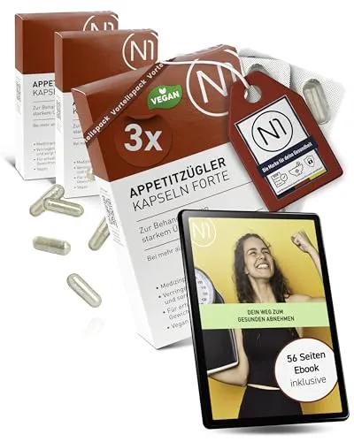 N1 Appetitzügler FORTE - Effektiver Heißhungerstopper für schnelle Diät-Erfolge - Appetithemmer mit patentierten Pflanzenfasern für weniger Hungergefühl und einfacher Kontrolle des Essverhaltens. Ideal für schnelles Abnehmen ohne Verzicht.