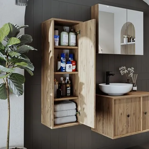 ROOMART Badezimmermöbel Set Gusto 75 cm 4 Teilig mit Keramik Waschbecken (Eiche, Hochschrank)