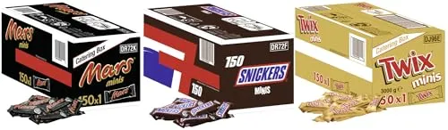 Die Klassiker mit einem Klick - Mars, Snickers und Twix Minis - 3x150 Stück, Schokoriegel Milchschokolade Karamell Erdnüsse