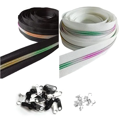 rumitpan Reißverschluss Regenbogen 10m 5mm Nylon Endlosreißverschluss mit 30 Zipper und 60 Endstück, Reißverschlüsse endlos spiralförmig Meterware teilbar, 5cm für Tasche Mäppchen Kleidung Bettwäsche