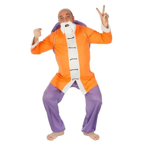 Generique Muten Roshi Dragon Ball Kostüm für Herren - Orange-Weiß-Blau - Größe L - Kostüm für Erwachsene mit Oberteil, Hose, Bart und Schildkrötenpanzer, ideal für Karneval oder Mottopartys, 100% Polyester, handwaschbar.