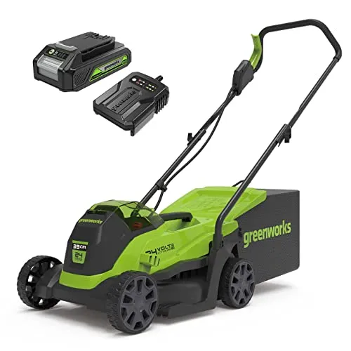 Greenworks 24V Kabelloser Akku Rasenmäher - Sichelmäher für kleinere Flächen bis zu 140 m², mit bürstenlosem Motor, 33 cm Schnittbreite und 30-Liter-Sack, inkl. 24V Akku & Ladegerät, 3 Jahre Garantie.