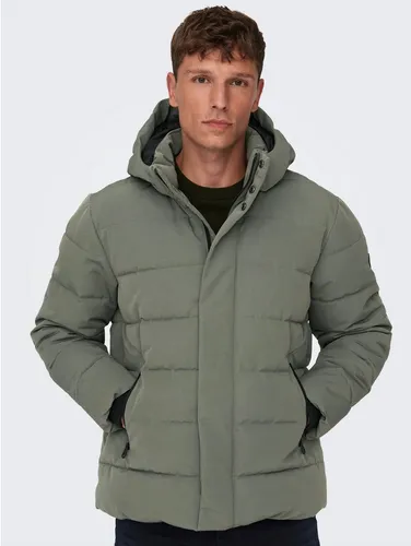 Only & Sons Cayson Puffer Jacke Herren - Funktionsjacke mit 3.000mm Wasserdichtigkeit, abnehmbarer Kapuze und warmem Futter – ideal für kalte, nasse Tage.