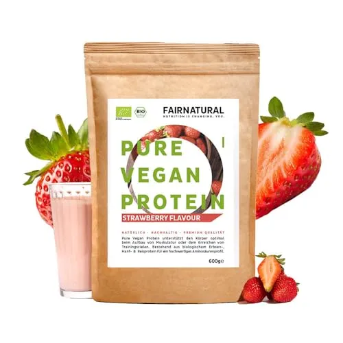 FAIRNATURAL Bio Veganes Proteinpulver Erdbeere [600G] - Laktosefrei & Vegan - Erbsenproteine mit echtem Bio Erdbeer-Pulver, 100% natürlich und ohne chemische Süßstoffe, ideal für Muskelaufbau und Low Carb Diäten.