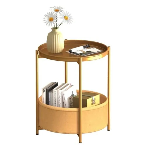 Garden 4 you Beistelltisch Rund, Sofatisch 2 Ebenen, Metall Balkontisch, Kleiner Tisch, Couchtisch mit Korb aus Stoff, Wohnzimmertisch, Beistelltische, Nachttisch fürs Schlafzimmer Wohnzimmer (Gold)