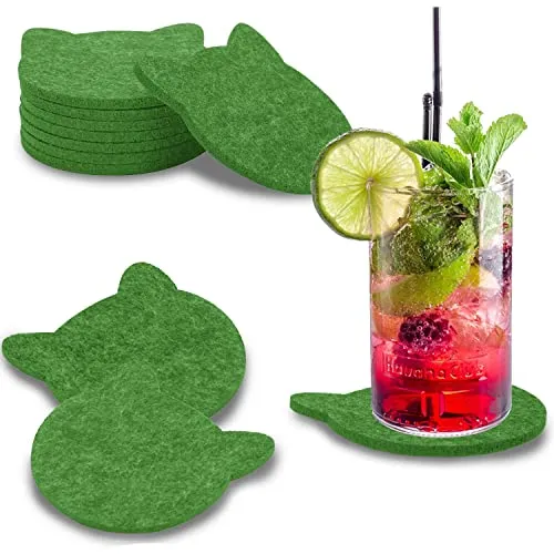 wortek Filz Untersetzer Gläser Grün in Katzenform – 8er Set Glasuntersetzer für Getränke, Tassen, Bar, Glas - Ø 10cm Tischuntersetzer waschbare Filzuntersetzer Gläser Glas Untersetzer-Set