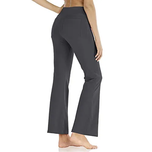 Butrends Damen Bootcut Yogahose mit Taschen Hohe Taille Workout Fitness Hose Bauchkontrolle Stretch Sport Hosen Damen, Grau, L