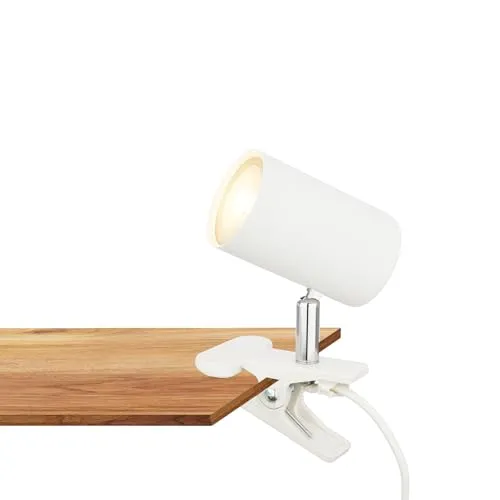 BRILONER - Schreibtischlampe mit Kabelschalter, schwenkbar, Stecker, Leselampe, Klemmlampe, Klemmleuchte, Nachttischlampe, Leselicht Kinder, Bürolampe, Bettlampe, 16,5x6,5x12cm, Weiß