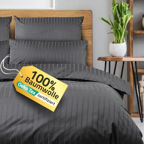 slummer Bettwäsche 135x200 Baumwolle 4teilig anthrazit - Damast Hotel Streifen grau Baumwolle - Reißverschluss Mako Satin Bettwäsche-Sets - Winter
