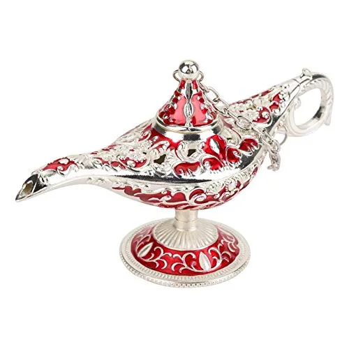 MAGT Aladdin Lampe, Metall geschnitzt Hollow Legend Lampe Hohl Aladdin Magic Genie Light Wunschtopf Dekor(Silberrand rot)
