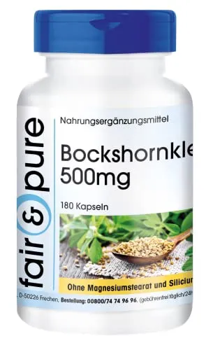 Fair & Pure Bockshornklee 500 mg, 180 Kapseln, Bockshornkleesamen-Extrakt mit 50% Saponinen, hochdosiert, Nahrungsergänzungsmittel ohne Magnesiumstearat, in Deutschland hergestellt