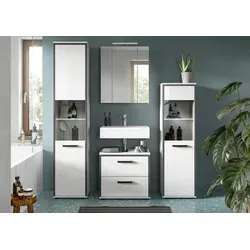 Mid.you Badezimmer Set Weiß Hochglanz, 4-teilig - Elegantes 4-teiliges Badezimmer Set in Weiß Hochglanz mit Holzoptik. 9 Fächer und 2 Schubladen bieten viel Stauraum. Ideal für eine stilvolle und praktische Badgestaltung.