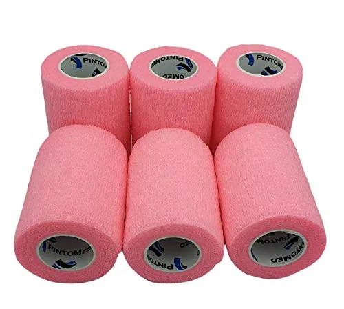 PintoMed Selbstklebender Verband, Gedehnt - 6 Rosa x 7,5cm x 4,5m Bandagen Rollen; Haftbandage; Fixierbinde selbsthaftend; Health Pflaster, sport tape; Stück für Handgelenk, Bein, Arm, vet wrap