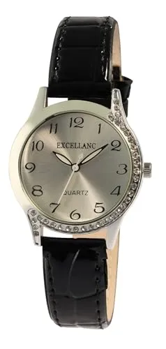 Excellanc Damenuhr mit Lederimitationsband, schwarz, silberfarben