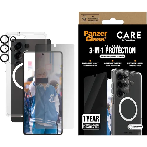 PanzerGlass CARE Flagship 3-in-1 Hülle + Schutzglas Set für Samsung Galaxy S25 Ultra - Umfassender Schutz für dein Smartphone: Das 3-in-1 Bundle bietet Kratzschutz, Blickschutzfilter und eine stoßfeste Hülle aus recyceltem Material, ideal für das urbane Leben.