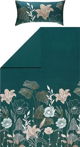 REDBEST Wendebettwäsche Biber grün 135x200 cm - Bettwäsche-Set mit floralem Design, ausgestattet mit einem praktischen Marken-Reißverschluss, aus 100% Baumwolle für hohen Schlafkomfort.