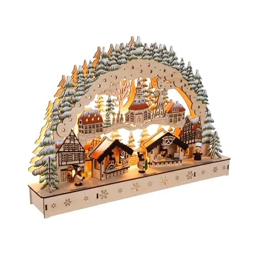 Spetebo LED Holz Schwibbogen - Wintermarkt Motiv - Weihnachtlicher Zierschmuck, 44 x 30 cm, mit 11 warmweißen LEDs für stimmungsvolle Deko im Innenbereich. Ideal für Fenster oder Tisch, batteriebetrieben.