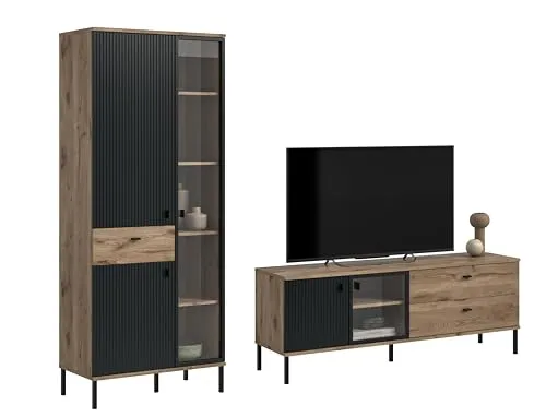 xonox.home Wohnkombination Chess Nox Oak Nachbildung / schwarz tiefzieh - Moderne Wohnkombination in schwarz tiefzieh und Nox Oak Nachbildung, ideal für Wohnzimmer und Esszimmer. Mit viel Stauraum und pflegeleichten Oberflächen für hohen Nutzungskomfort. Maße: B/H/T 252 x 198 x 41 cm.