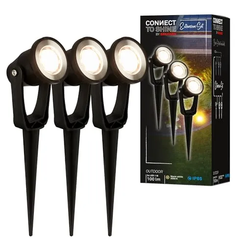 BRILONER Connect to Shine 12V Gartensystem 3er Set LED Strahler - Wegeleuchten: 3er Set wetterfeste LED Strahler mit warmweißem Licht, ideal für stimmungsvolle Gartenbeleuchtung und einfache Installation dank flexibler Anbringung.
