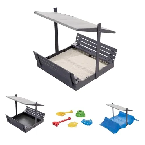 QLS Holz-Sandkasten 150 cm mit Dach und Bänken - Robuster Sandkasten für Kinder mit verstellbarem Dach, ideal für stundenlangen Spielspaß im Freien. Inklusive Sitzbank und imprägniertem Holz für optimalen Wetterschutz.