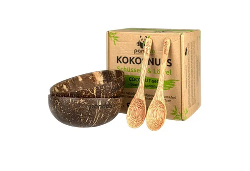 pandoo Schüssel Kokosnuss-Set, 2 Schüsseln und 2 Löffel, 100% Kokosnuss, (Set), Jede Schüssel ein Unikat, inklusive 2 passender Kokosnuss-Löffel