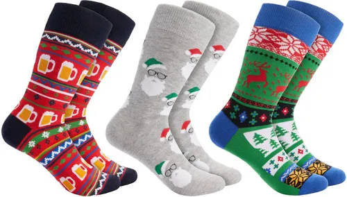 BRUBAKER Socken Weihnachtssocken - Lustige Socken für Damen und Herren (3-Paar, Unisex Baumwollsocken) Bunt, Weihnachtsmannbärte und Xmas Bier