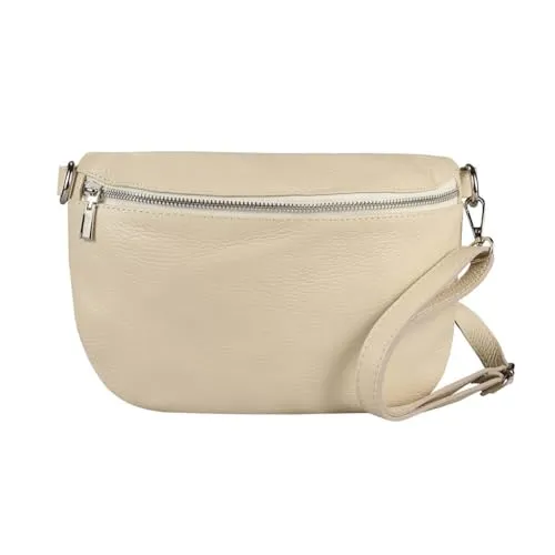 OBC Made in Italy Damen Leder Tasche Gürteltasche Crossbody Hüfttasche Bauchtasche Umhängetasche Cross-Over Bodybag Schultertasche Handytasche (Beige)