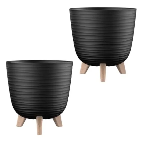 Engelland - 2 x Blumentopf mit Füßen & Bewässerungssystem, Schwarz, Ø 28 cm, Pflanzkübel, Übertopf, Wellenmuster, Innen- & Außenbereich, Drainagesystem & Wasserspeicher, rund, Kunststoff