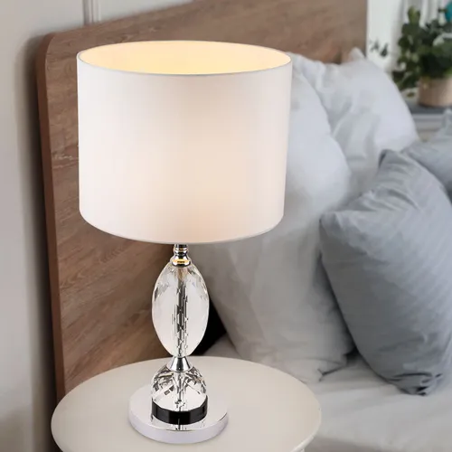 Elegante Tischlampe Chrom mit Textilschirm und Kristallglas - Tischleuchte mit schickem Chromfuß und weißem Textilschirm (Ø15cm), ideal für Schlafzimmer oder Büro. E14 Fassung für individuelle Lichtgestaltung und energieeffizient mit LED-Lampen.