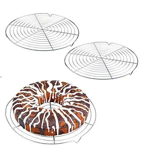 Nuluxi Abkühlgitter Edelstahl Metall Kuchenauskühler Rund Kuchen Abkühlgitter Tortenkühler Gleichmäßiges und Schnelles Auskühlen Leichte Lösbarkeit der Gebäcke Extra Große Auskühlfläche-2 Stück，Silber