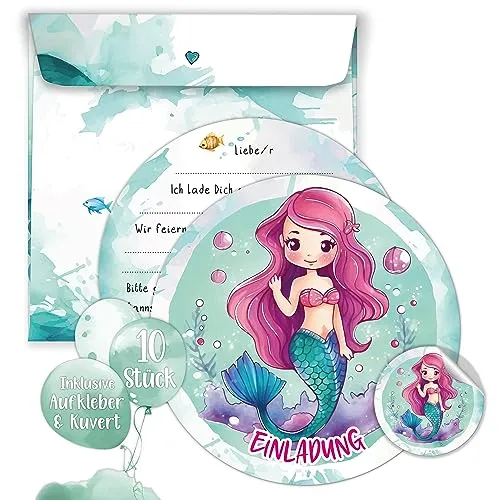 TOBJA Magische Einladungskarten Meerjungfrau | Einladungskarten Geburtstag 15 cm runde Mädchen Partyeinladungen | 10er Set mit Umschlägen & Stickern | Einladungskarten Kindergeburtstag (Meerjungfrau)