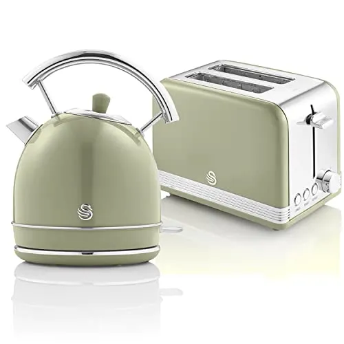 Retro Set Frühstück: Wasserkocher 1,8L Kabellos & 2 Breitschlitz-Toaster - Vintage Wasserkocher mit 850W Leistung und Edelstahl-Gehäuse, perfekt für ein stilvolles Frühstückserlebnis.