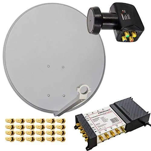 PremiumX Satelliten-Komplettanlage 80cm - HD 4K 8K Empfang für 8 Teilnehmer - Multischalter für 8 Teilnehmer mit Quattro LNB, optimal für HD-, 4K- und 8K-Übertragungen. Robuste Stahl-Antenne mit hervorragenden Empfangseigenschaften und Wetterschutz.