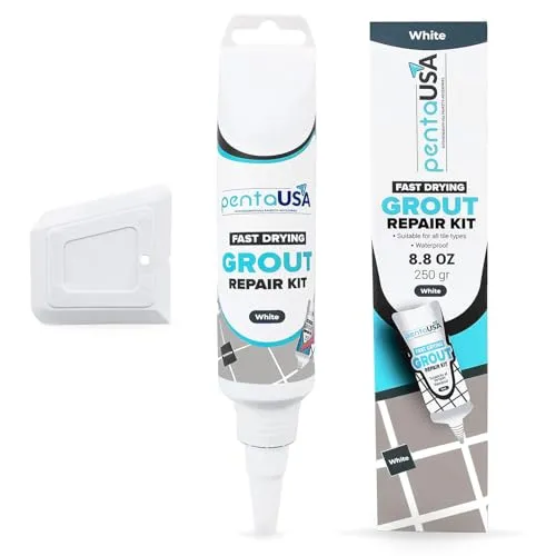 PentaUSA Fugenmörtel - Fugenkitt Reparatur, Tube zum Reparieren und Erneuern, schnell trocknendes Reparaturset für Fugenmörtel - Restaurieren Von Kachelfugen, Natürlich - mit Spachtel (250 gr - Weiß)