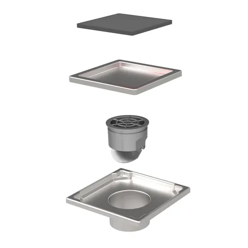 MERT Bodenablauf Edelstahl mit Glas Abdeckung 110x110 mm - Sanitärinstallation, eleganter Bodenablauf aus Edelstahl mit stilvoller Glasabdeckung, ideal für Badewanne und Dusche.