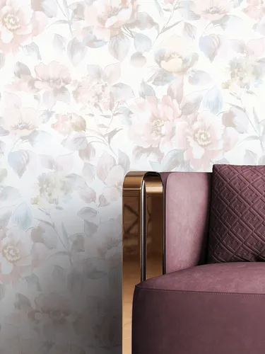 Tapete Vliestapete Rosa Blumen Blätter - Blumentapete - Wandtapete in zartem Rosa mit floralen Motiven, ideal für ein gemütliches Zuhause und schafft eine einladende Atmosphäre.