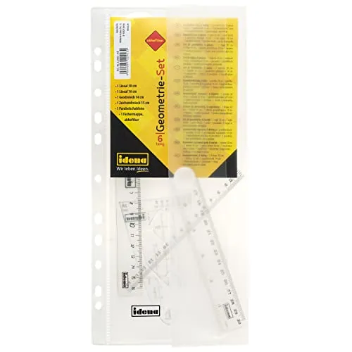 Idena 22923 - Geometrie-Set 6-teilig mit 2 Linealen, Zeichendreieck, Parabel, Geo-Dreieck und abheftbarer Aufbewahrungsmappe, transparent, aus Kunststoff
