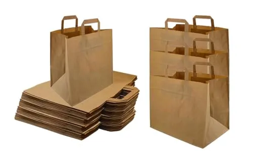 Lauroo Tragetasche Papiertragetasche - 250 Stück, 32+16 x 27 cm Braun - Tragetaschen aus Kraftpapier, 250 Stück, umweltfreundlich und stabil. Ideal für Gastronomie, Einzelhandel oder Geschenke – die perfekte nachhaltige Verpackungslösung!