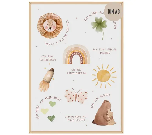 Things of Happiness Poster Affirmationsposter für Kinder DIN A3, Kinderzimmer Wandbild, Tiere & Natur, Poster Affirmation Geschenk zur Geburt, Taufe, Kindergeburtstag