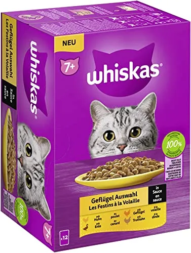 Whiskas 7+ Katzenfutter Geflügel Auswahl in Sauce, 12x85g (1 Packung) – Hochwertiges Nassfutter ab dem 7. Lebensjahr in 12 Portionsbeuteln