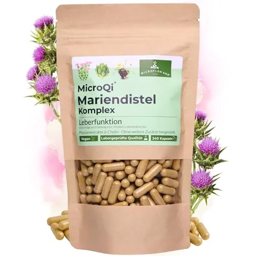 MICROFLORANA® Mariendistel Kapseln hochdosiert - 240 vegane Kapseln zur Leberunterstützung - Frei von Zusätzen - Leber Komplex mit Artischockenextrakt, Löwenzahnwurzel und Cholin - Silymarin & Cynarin
