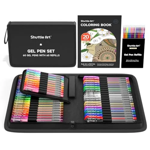 Shuttle Art 120 teiliges Gelstifte Set, 60 bunte Gel Stifte mit 60 Ersatzminen in Tragetasche, mit Malbuch für Erwachsene, Glitzer, Neon, Pastell, Metallic, Glitzerstifte für Mädchen Kinder