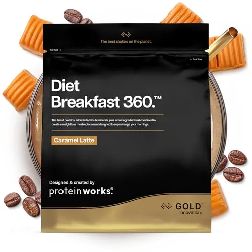 Protein Works | Diet Breakfast 360 – GOLD Innovation, gesunder Mahlzeitenersatz-Shake für unterwegs, unterstützt Gewichtsverlust, mit Koffein, zuckerarm, Karamell Latte, 9 Portionen, 500g