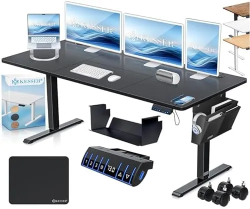 KESSER® Höhenverstellbarer Schreibtisch elektrisch 160cm x 70cm - Ergonomischer Steh-Sitz Schreibtisch mit 3-Funktions-Memory Steuerung, integriertem USB-Anschluss und 360° Rollen für mehr Flexibilität im Homeoffice.