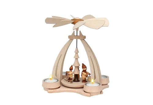 Dekohelden24 Weihnachtspyramide Pyramide aus Buchenholz mit Winterfütterung, für 4 Teelichte geeignet