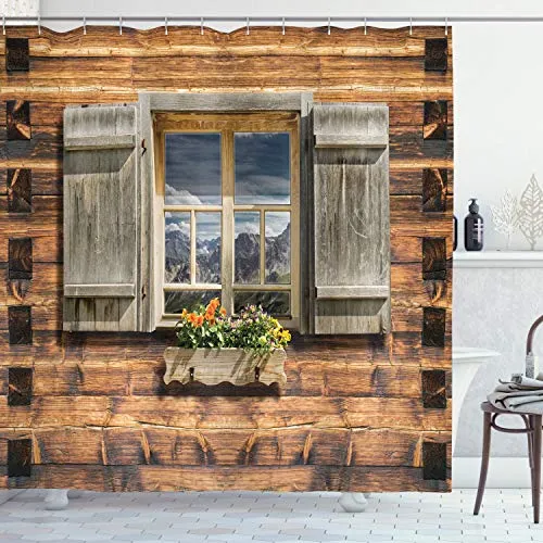ABAKUHAUS Rustikal Duschvorhang, Blick vom Berghütte, Stoffliches Gewebe Badezimmerdekorationsset mit Haken, 175 x 220 cm, Braun Grün