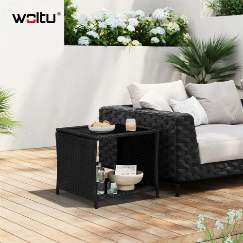 Woltu Gartentisch mit Glasplatte - Wetterfester Balkontisch in Schwarz - Tisch für Garten, Balkon und Terrasse, wetterfest aus UV-beständigem PE-Rattan, mit praktischem Stauraum und stabiler Glasplatte.